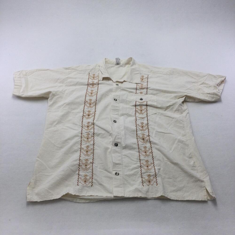 Ex Shirt Mens XL White Embroidered Short Sleeve Button Up Cotton Casual Top